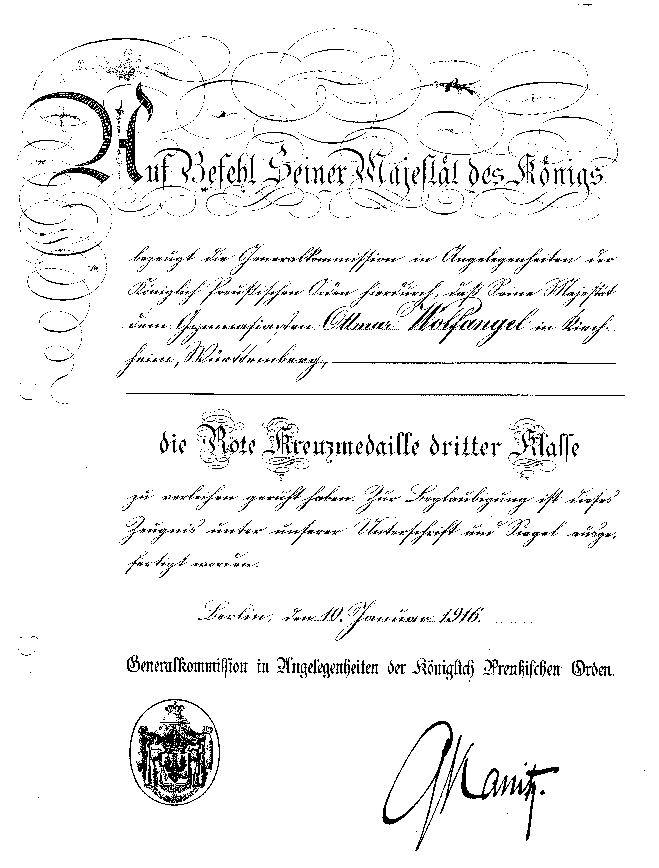 Urkunde Rote Kreuzmedaille 
      Ottmar Wolfangel (1916)